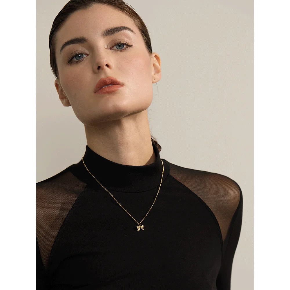 Yhpup Fashion Women's Stainless Steel Bowknot Popular Daily Necklace Pendant 18K Gold PVD Plated Elegant Jewelry Ornaments Gift