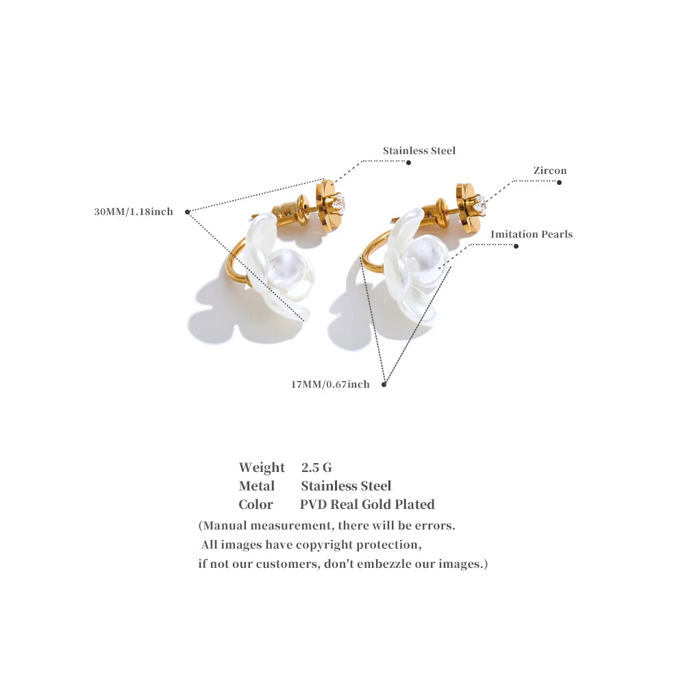 Yhpup Stainless Steel Korean Style 2024 Elegant Simulated Pearls Resin Flower Zircon Golden Stud Earrings Daily Fairy Jewelry
