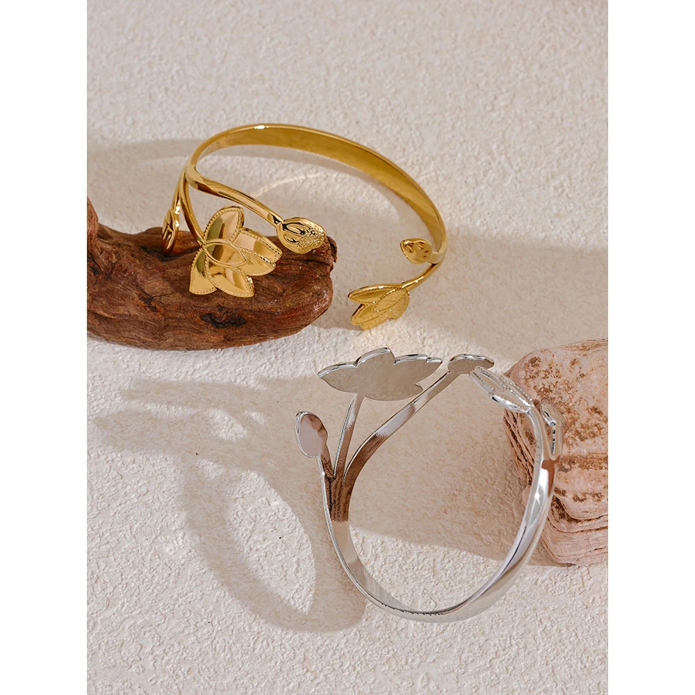 Yhpup Big Stainless Steel Flower Open Fashion Cuff Bracelet Bangle Waterproof Metal Tarnish Resistant Jewelry for Women Bijoux