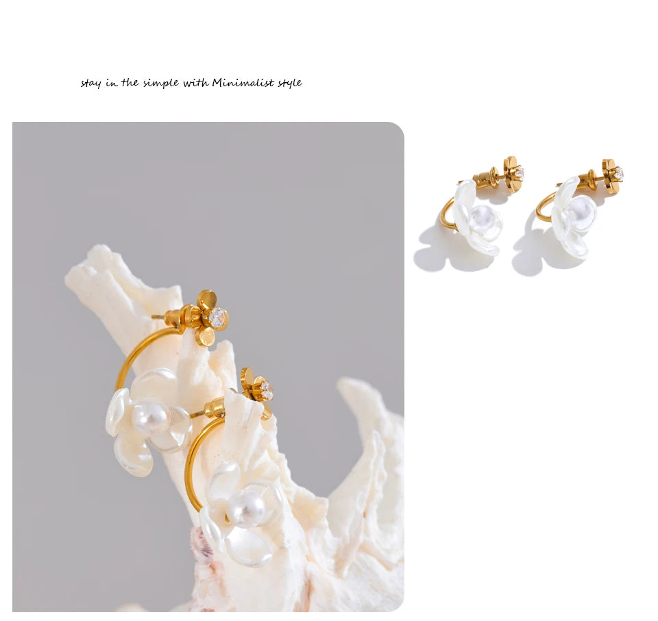 Yhpup Stainless Steel Korean Style 2024 Elegant Simulated Pearls Resin Flower Zircon Golden Stud Earrings Daily Fairy Jewelry