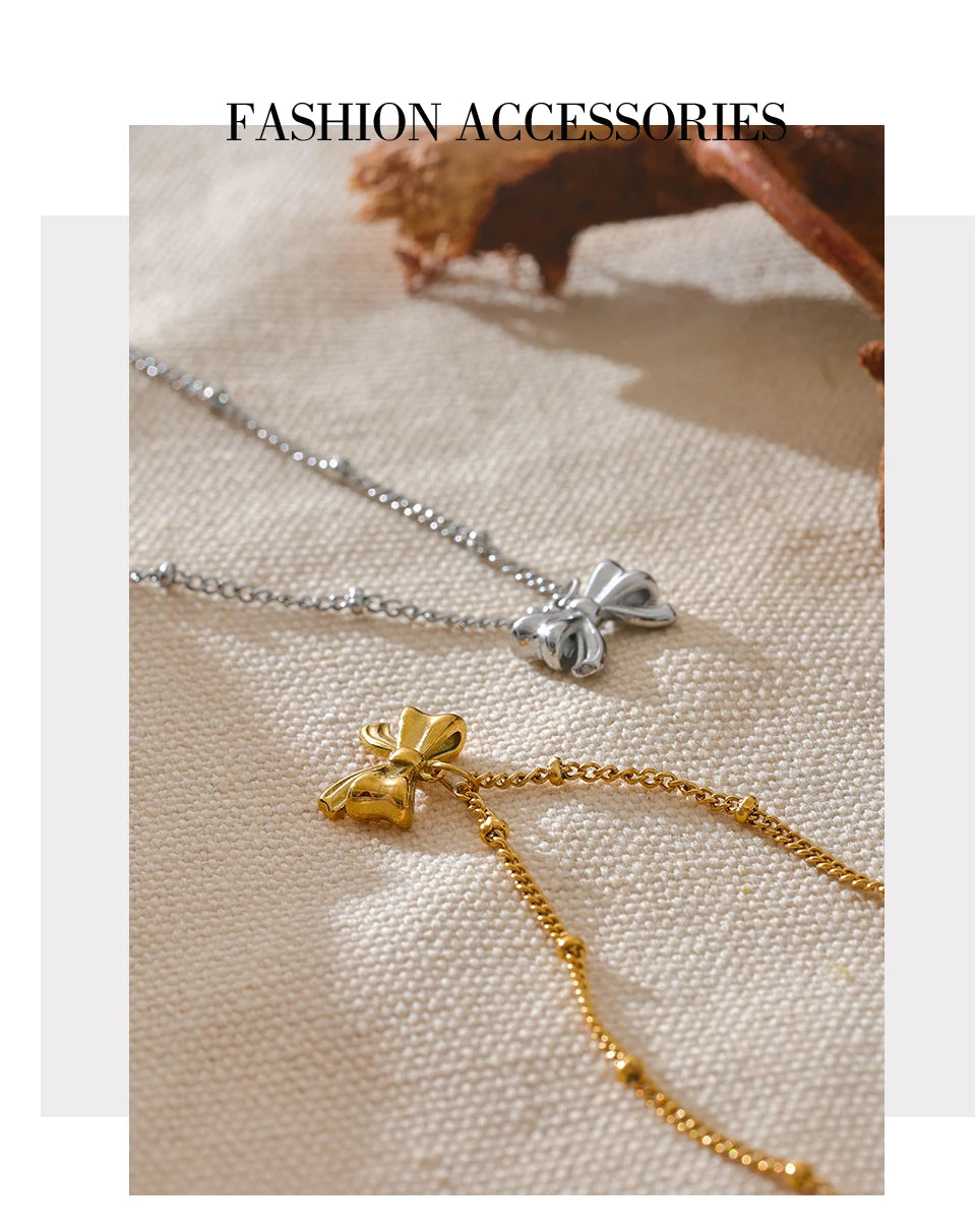 Yhpup Fashion Women's Stainless Steel Bowknot Popular Daily Necklace Pendant 18K Gold PVD Plated Elegant Jewelry Ornaments Gift