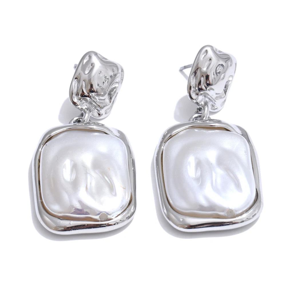 Yhpup Stainless Steel Baroque Imitation Pearls Square Drop Earrings for Women Tarnish Resistant Daily Korean Fashion Jewelry