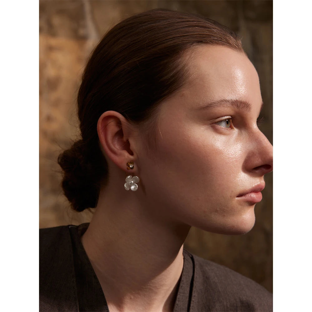 Yhpup Stainless Steel Korean Style 2024 Elegant Simulated Pearls Resin Flower Zircon Golden Stud Earrings Daily Fairy Jewelry