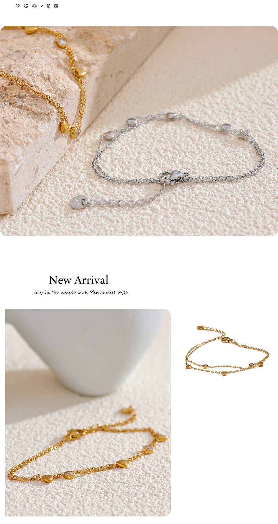 Yhpup Delicate Chain Heart Zircon Double Layer Stacking Bracelet Bangle Chic Summer 2024 Stainless Steel Waterproof Jewelry Gift