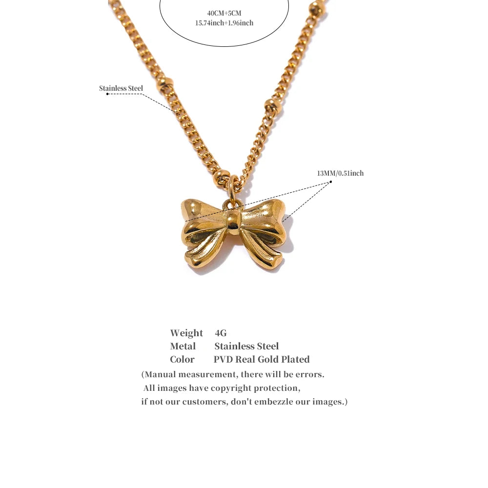 Yhpup Fashion Women's Stainless Steel Bowknot Popular Daily Necklace Pendant 18K Gold PVD Plated Elegant Jewelry Ornaments Gift
