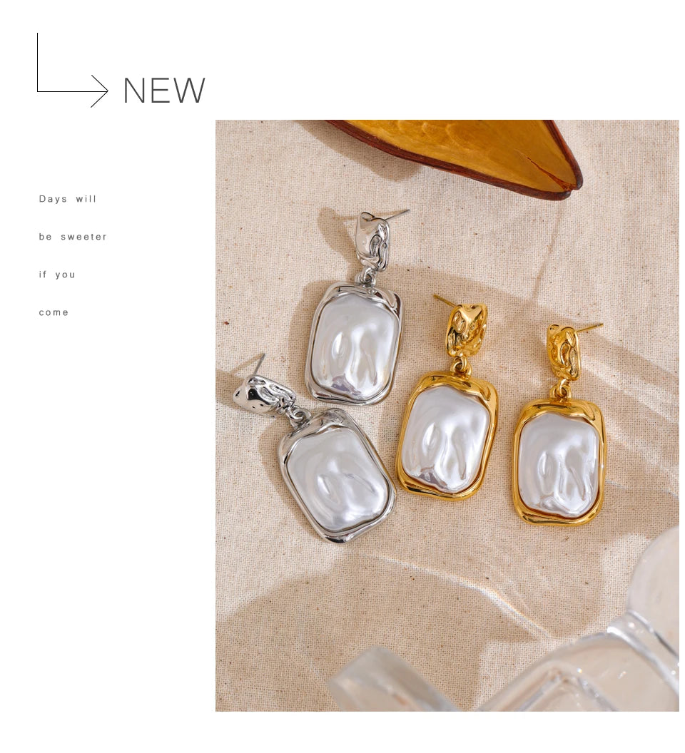 Yhpup Stainless Steel Baroque Imitation Pearls Square Drop Earrings for Women Tarnish Resistant Daily Korean Fashion Jewelry