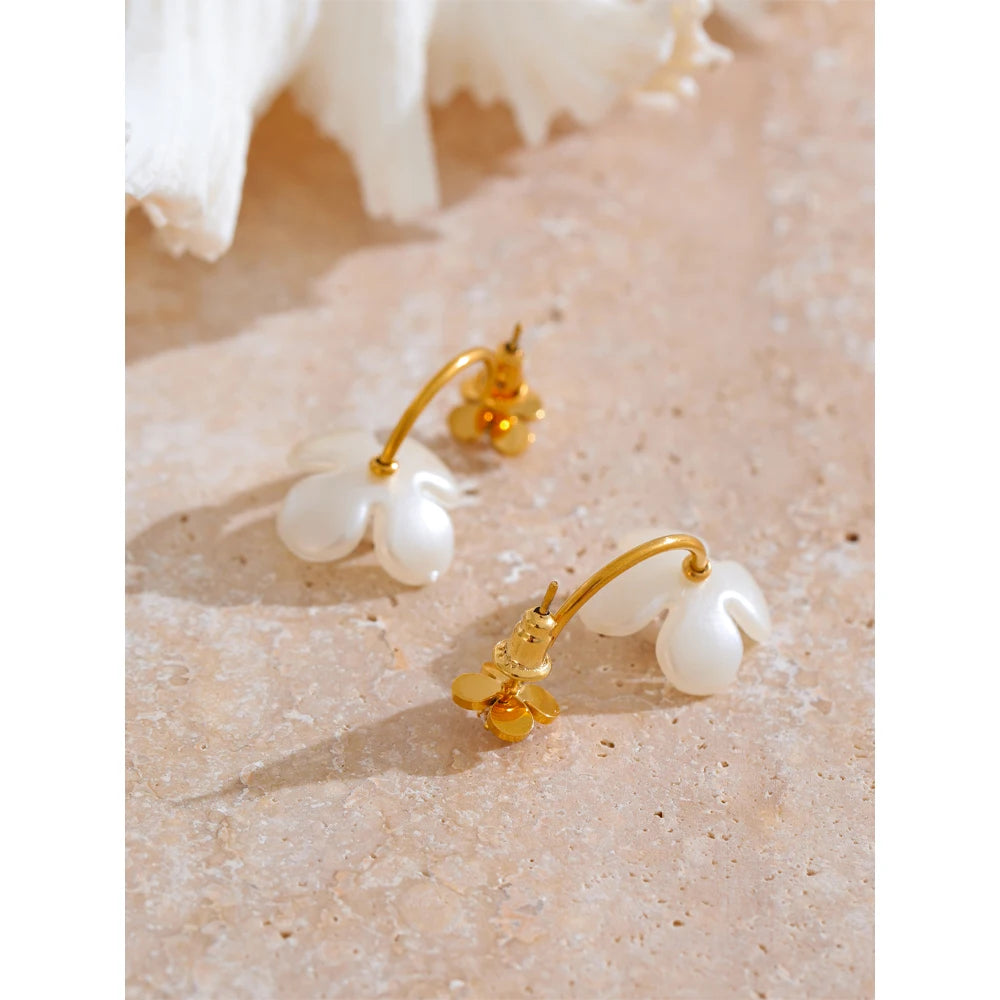 Yhpup Stainless Steel Korean Style 2024 Elegant Simulated Pearls Resin Flower Zircon Golden Stud Earrings Daily Fairy Jewelry