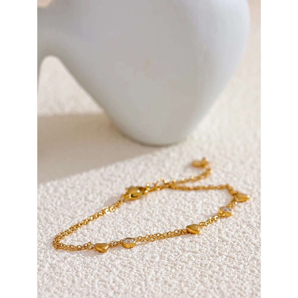 Yhpup Delicate Chain Heart Zircon Double Layer Stacking Bracelet Bangle Chic Summer 2024 Stainless Steel Waterproof Jewelry Gift