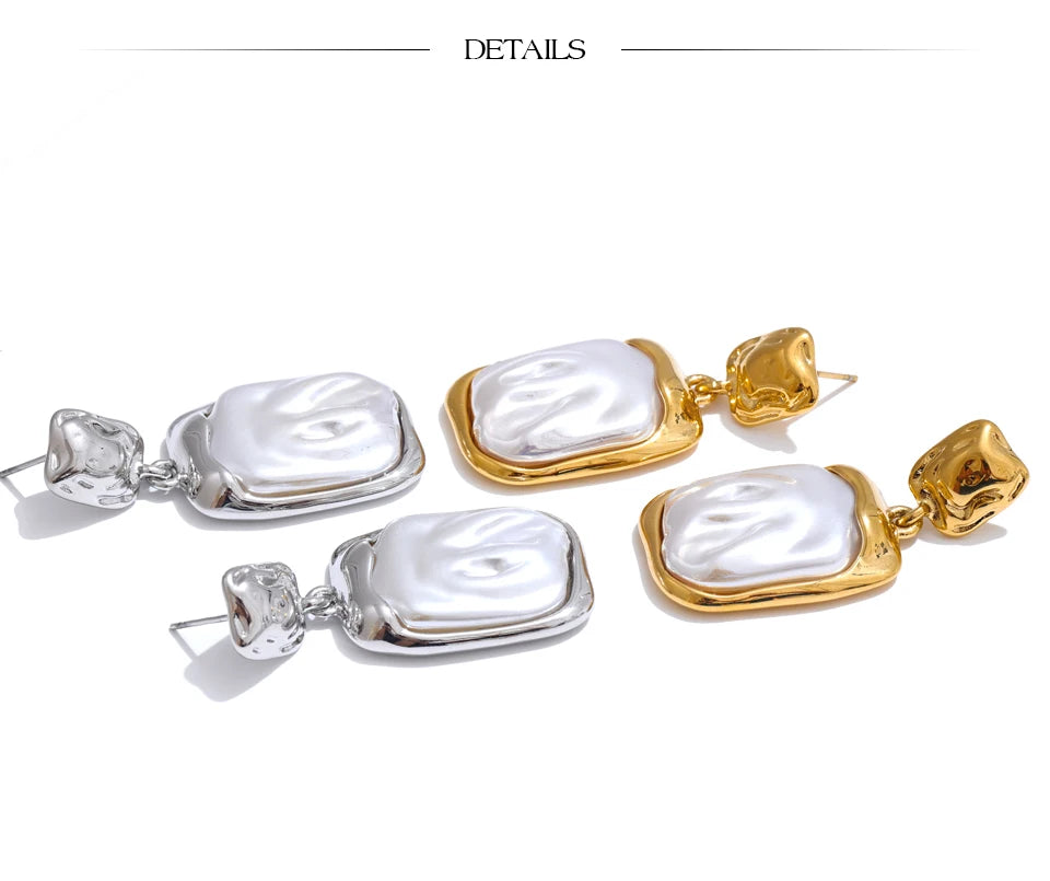 Yhpup Stainless Steel Baroque Imitation Pearls Square Drop Earrings for Women Tarnish Resistant Daily Korean Fashion Jewelry