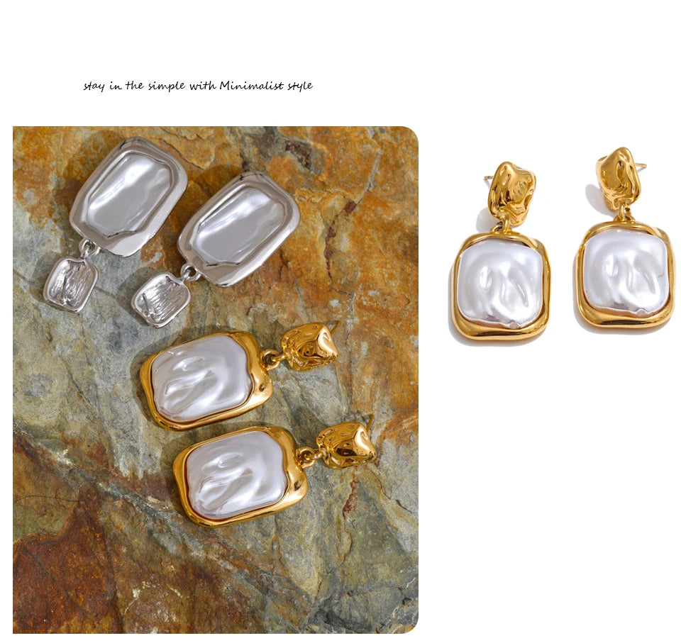 Yhpup Stainless Steel Baroque Imitation Pearls Square Drop Earrings for Women Tarnish Resistant Daily Korean Fashion Jewelry