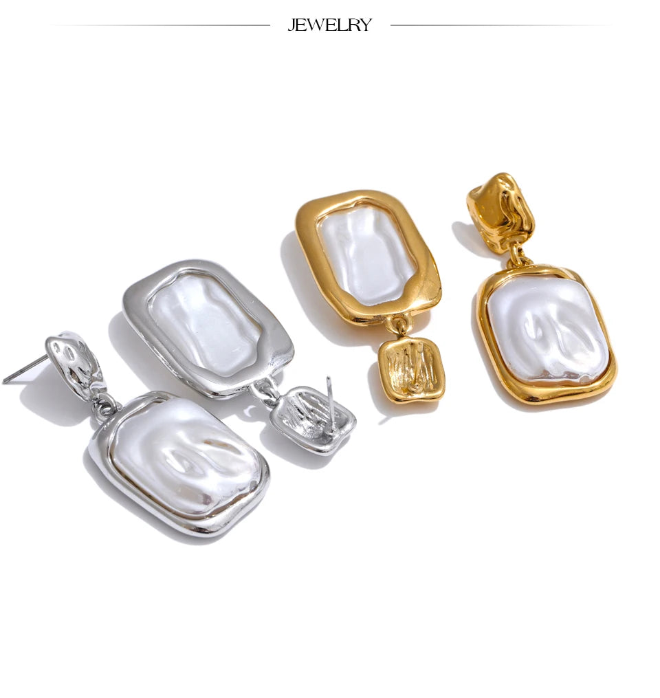 Yhpup Stainless Steel Baroque Imitation Pearls Square Drop Earrings for Women Tarnish Resistant Daily Korean Fashion Jewelry