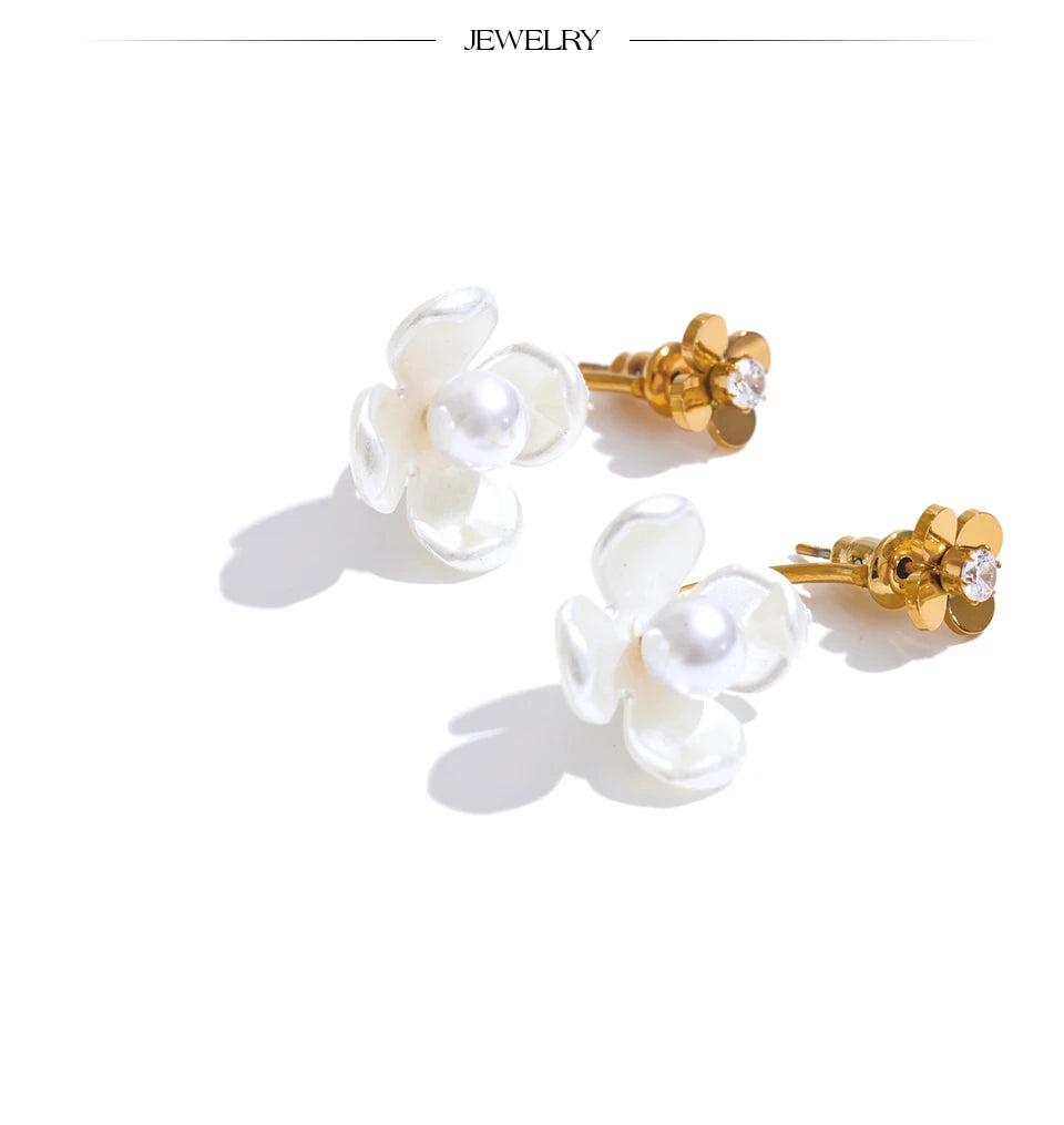 Yhpup Stainless Steel Korean Style 2024 Elegant Simulated Pearls Resin Flower Zircon Golden Stud Earrings Daily Fairy Jewelry