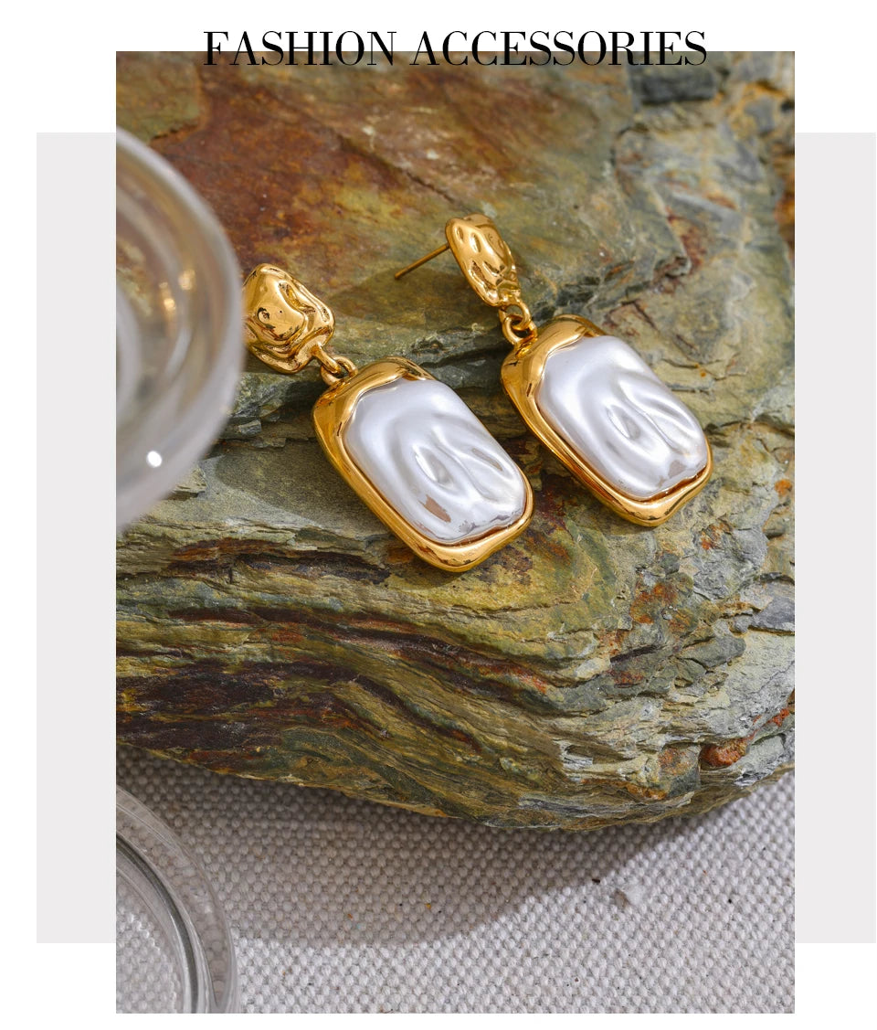 Yhpup Stainless Steel Baroque Imitation Pearls Square Drop Earrings for Women Tarnish Resistant Daily Korean Fashion Jewelry