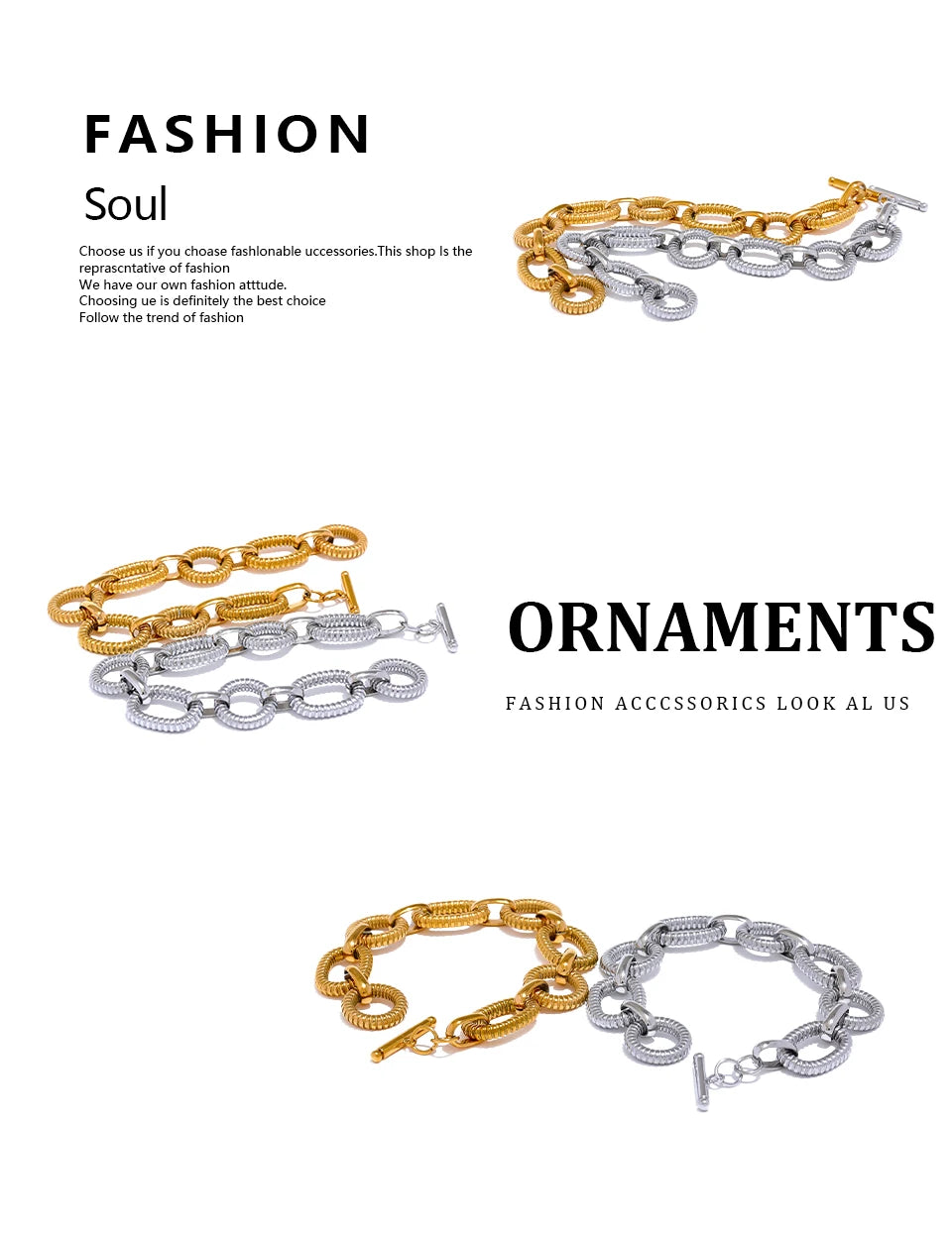 Yhpup 316L Stainless Steel Metal Texture Oval Chain Bracelet Bangle Men Women 18K PVD Plated Toggle-Clasps Statement Jewelry