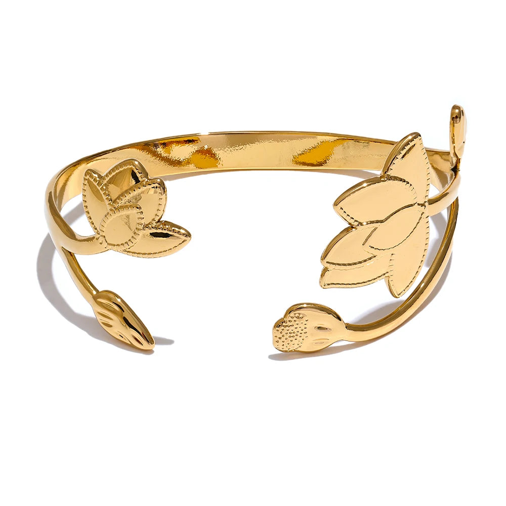 Yhpup Big Stainless Steel Flower Open Fashion Cuff Bracelet Bangle Waterproof Metal Tarnish Resistant Jewelry for Women Bijoux