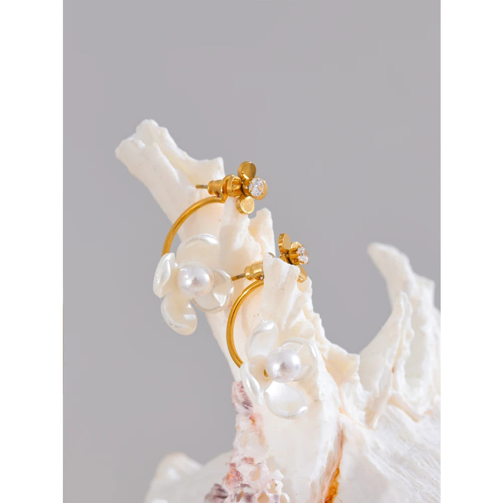 Yhpup Stainless Steel Korean Style 2024 Elegant Simulated Pearls Resin Flower Zircon Golden Stud Earrings Daily Fairy Jewelry
