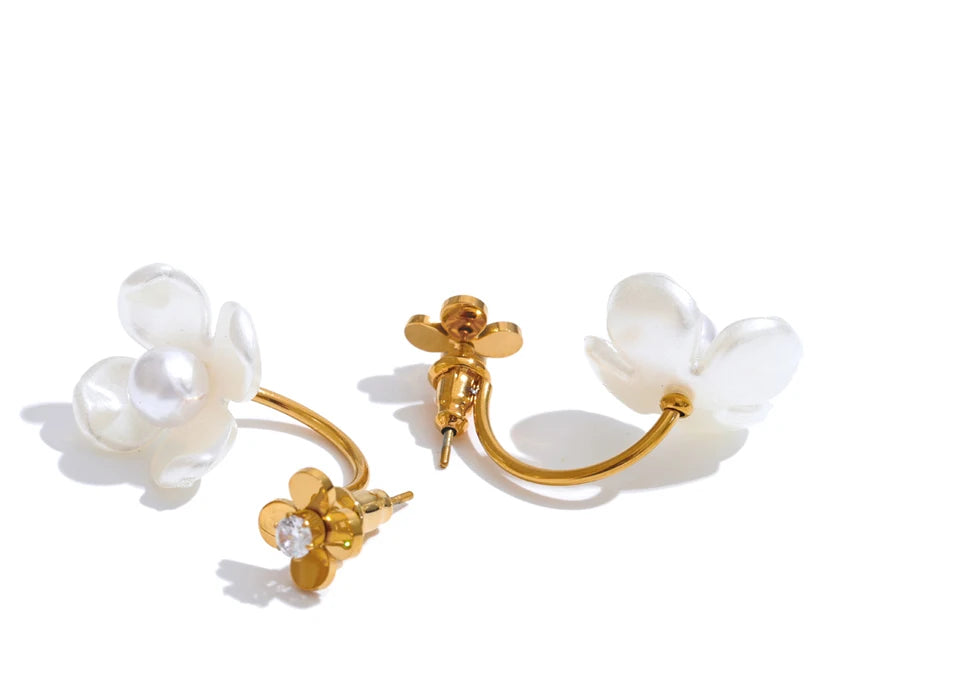 Yhpup Stainless Steel Korean Style 2024 Elegant Simulated Pearls Resin Flower Zircon Golden Stud Earrings Daily Fairy Jewelry