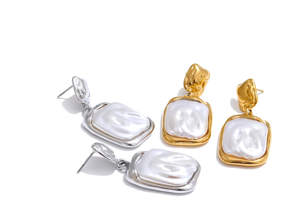 Yhpup Stainless Steel Baroque Imitation Pearls Square Drop Earrings for Women Tarnish Resistant Daily Korean Fashion Jewelry