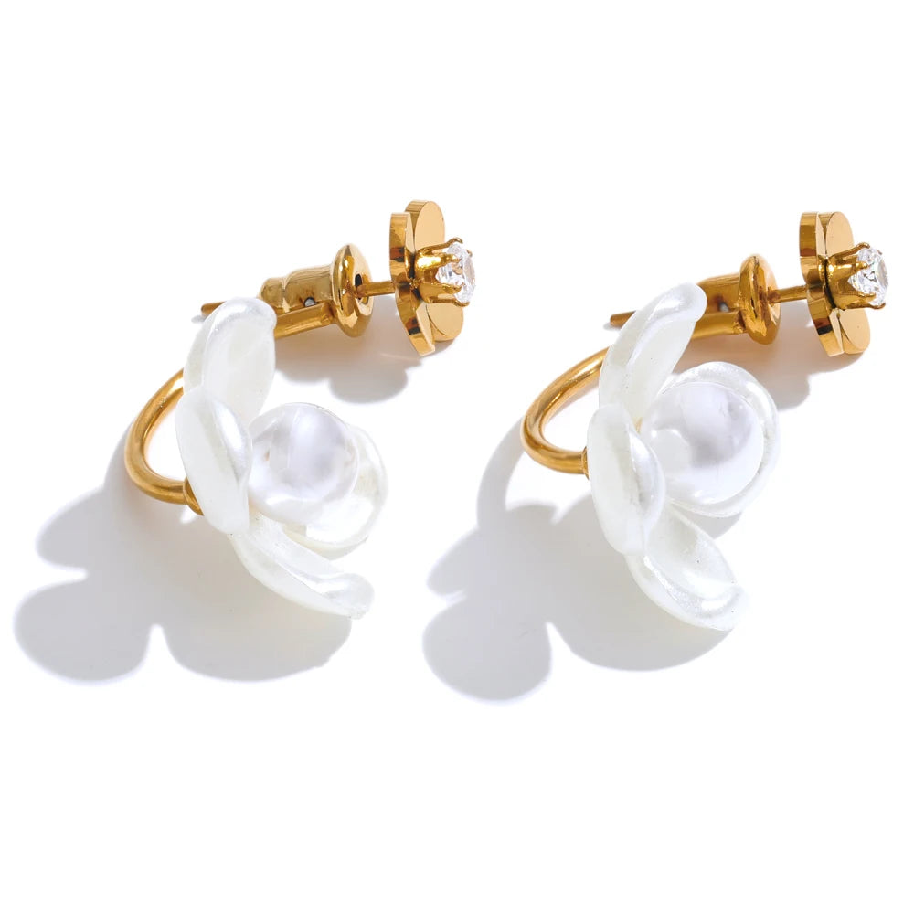 Yhpup Stainless Steel Korean Style 2024 Elegant Simulated Pearls Resin Flower Zircon Golden Stud Earrings Daily Fairy Jewelry