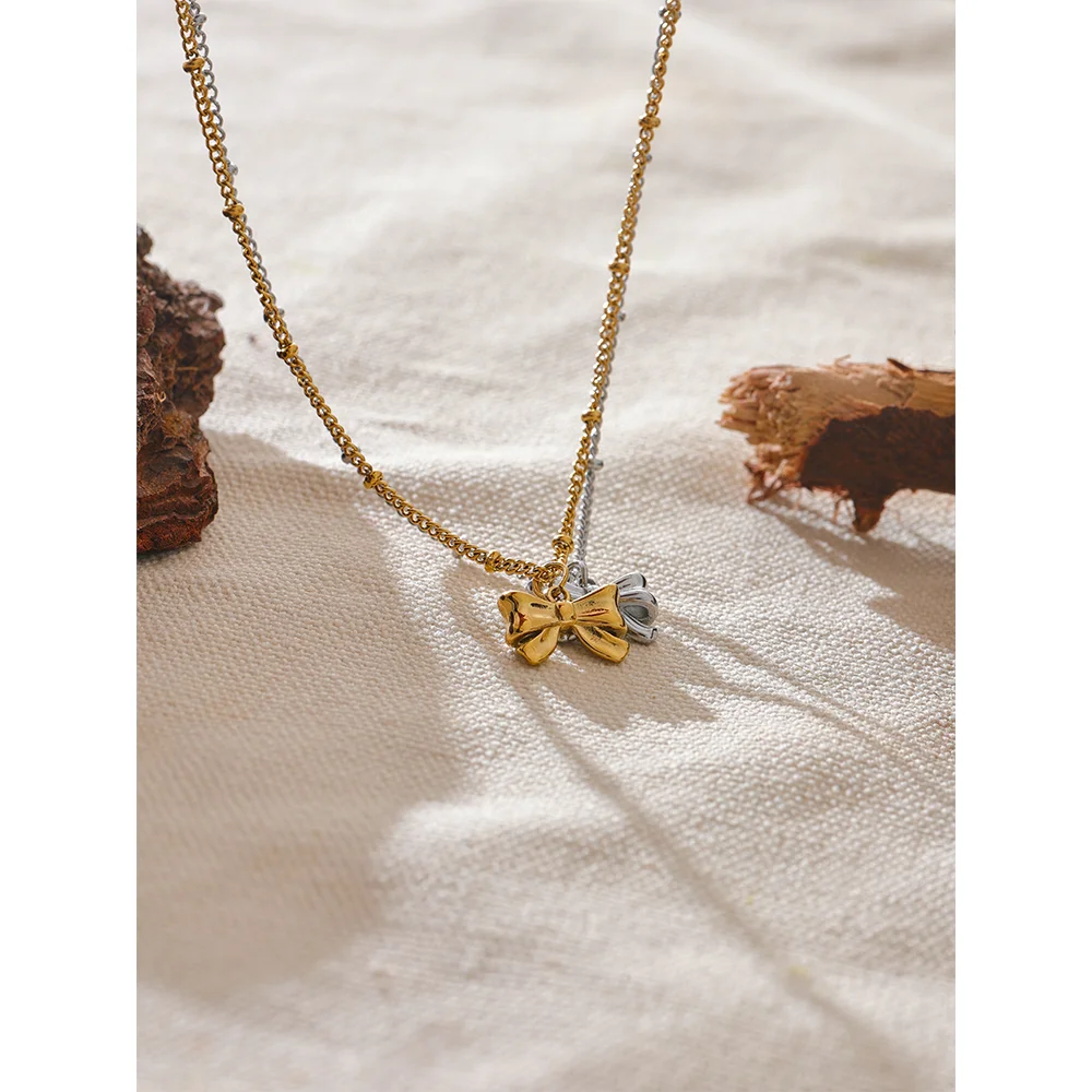 Yhpup Fashion Women's Stainless Steel Bowknot Popular Daily Necklace Pendant 18K Gold PVD Plated Elegant Jewelry Ornaments Gift