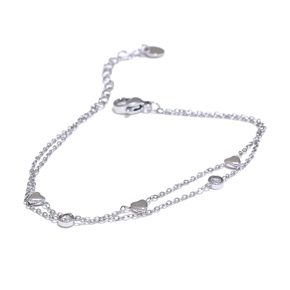 Yhpup Delicate Chain Heart Zircon Double Layer Stacking Bracelet Bangle Chic Summer 2024 Stainless Steel Waterproof Jewelry Gift