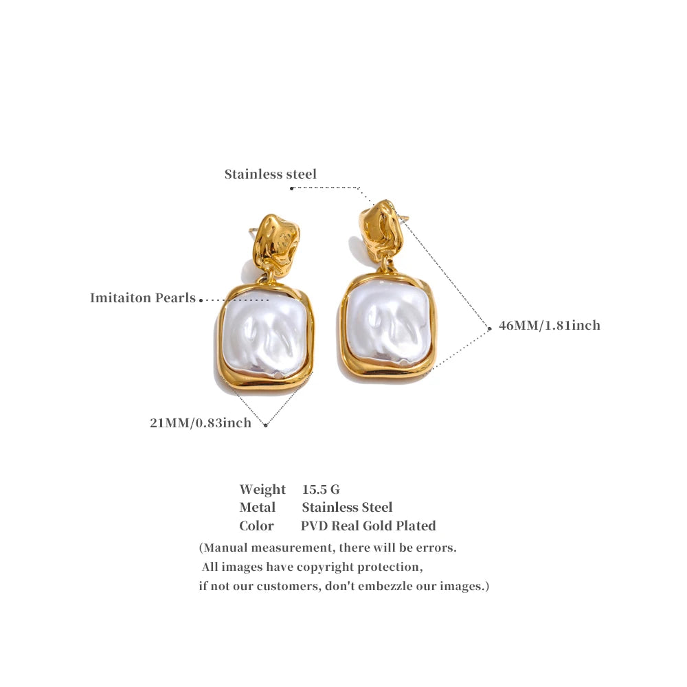 Yhpup Stainless Steel Baroque Imitation Pearls Square Drop Earrings for Women Tarnish Resistant Daily Korean Fashion Jewelry