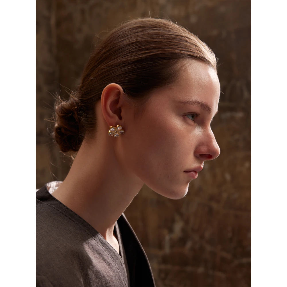 Yhpup AAA Bling Cubic Zirconia Flower Golden Stud Earrings for Women 316L Stainless Steel Fashion Shiny Jewelry Waterproof