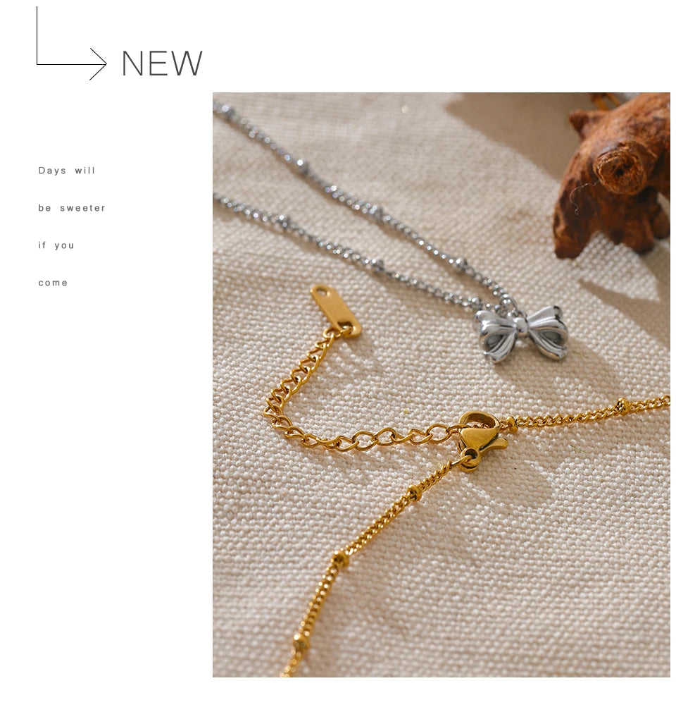 Yhpup Fashion Women's Stainless Steel Bowknot Popular Daily Necklace Pendant 18K Gold PVD Plated Elegant Jewelry Ornaments Gift