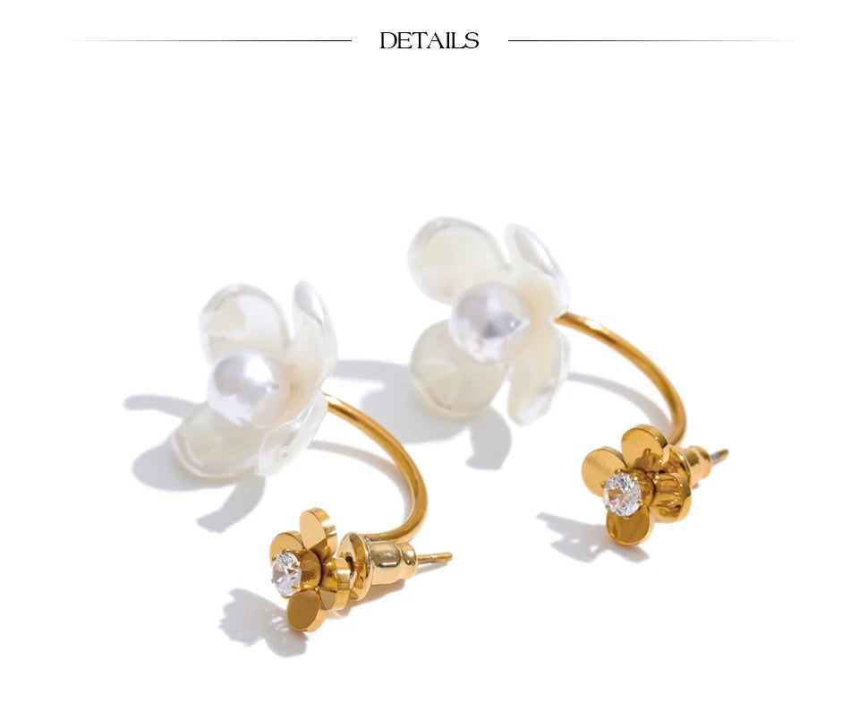 Yhpup Stainless Steel Korean Style 2024 Elegant Simulated Pearls Resin Flower Zircon Golden Stud Earrings Daily Fairy Jewelry