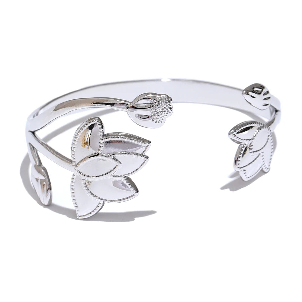 Yhpup Big Stainless Steel Flower Open Fashion Cuff Bracelet Bangle Waterproof Metal Tarnish Resistant Jewelry for Women Bijoux