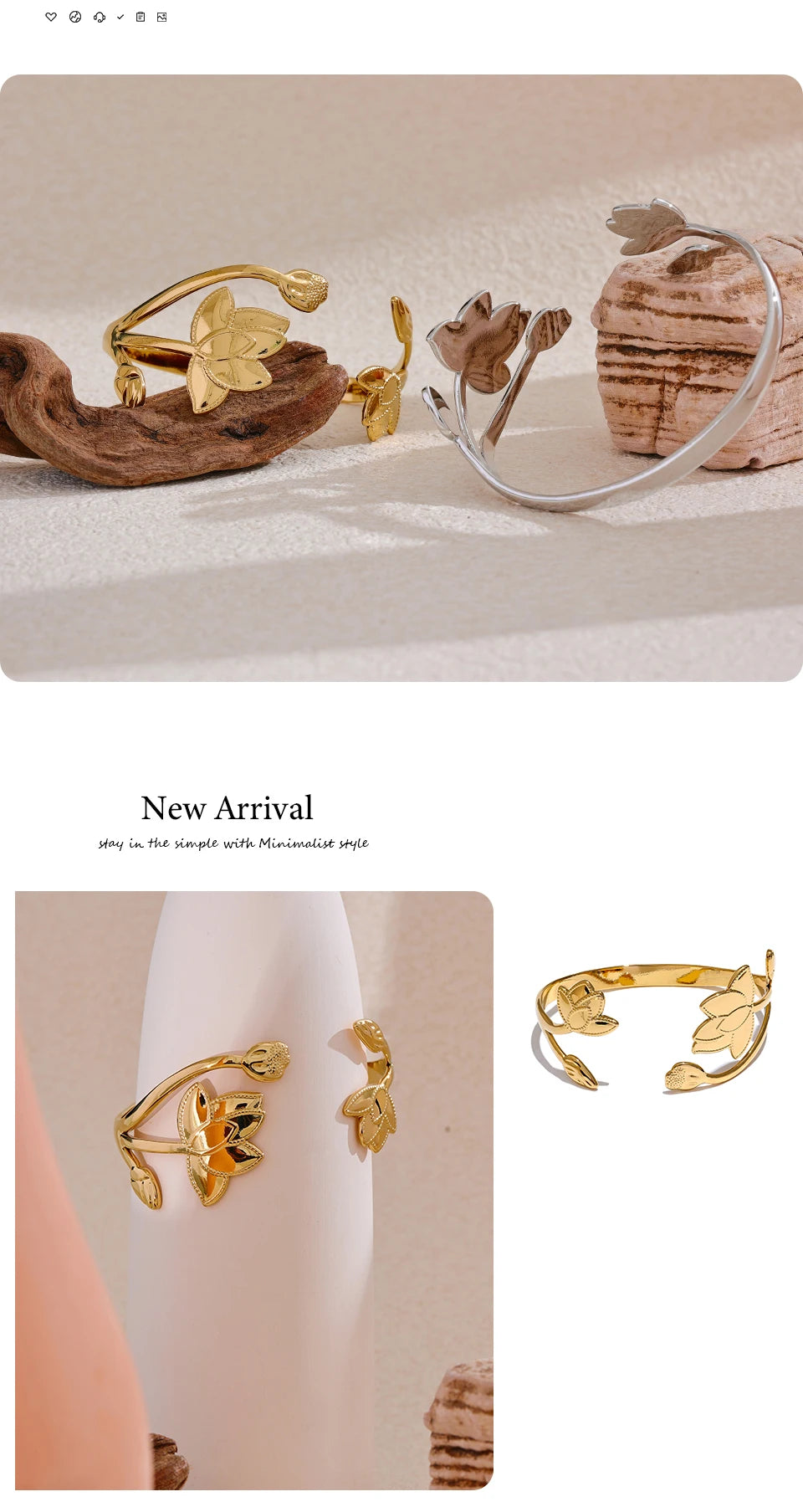 Yhpup Big Stainless Steel Flower Open Fashion Cuff Bracelet Bangle Waterproof Metal Tarnish Resistant Jewelry for Women Bijoux