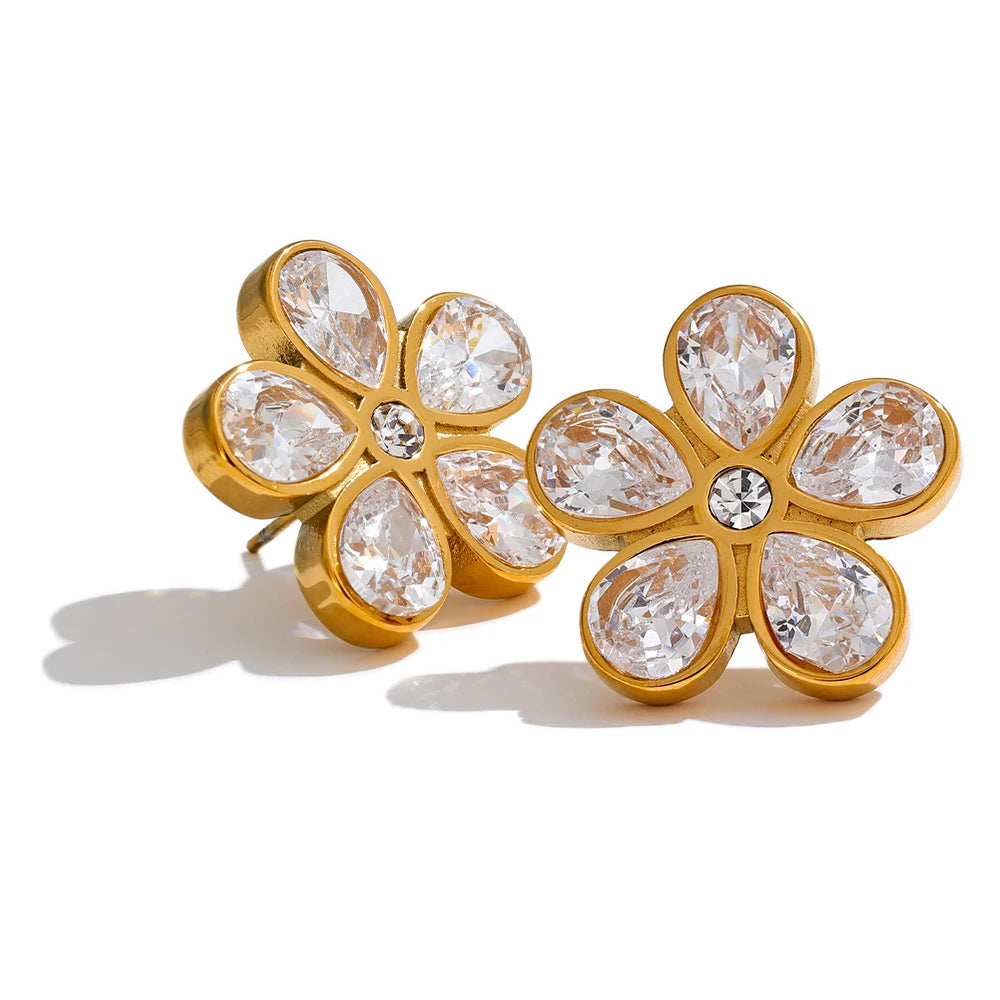 Yhpup AAA Bling Cubic Zirconia Flower Golden Stud Earrings for Women 316L Stainless Steel Fashion Shiny Jewelry Waterproof