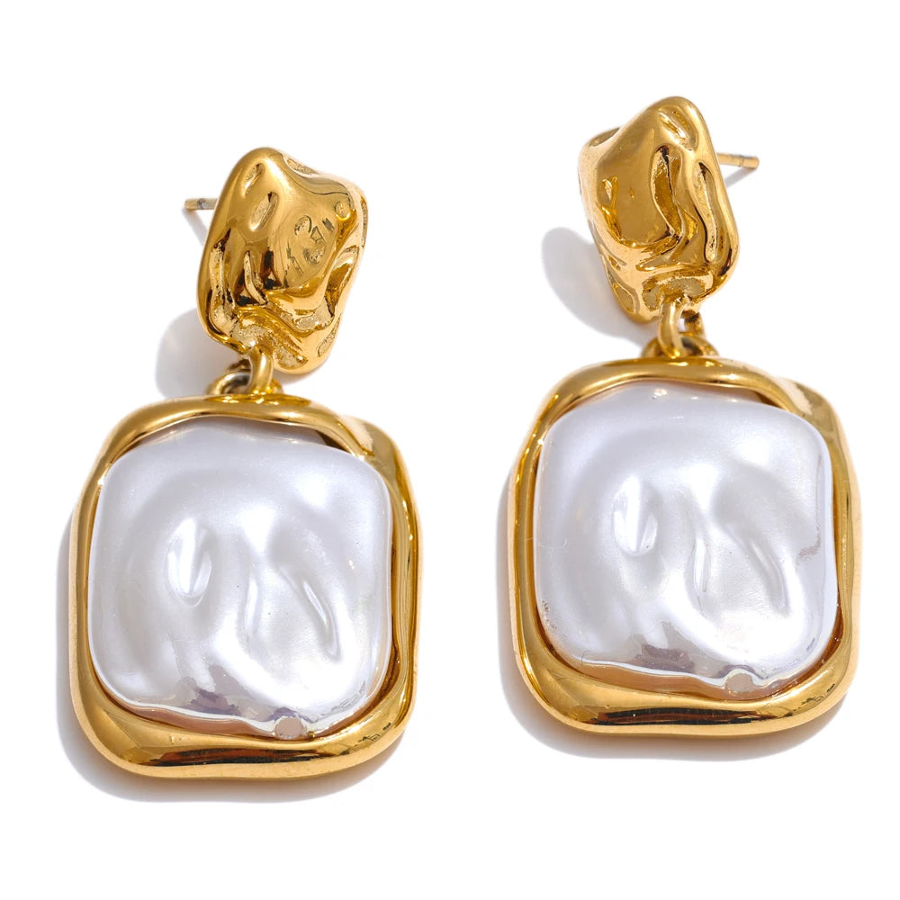 Yhpup Stainless Steel Baroque Imitation Pearls Square Drop Earrings for Women Tarnish Resistant Daily Korean Fashion Jewelry