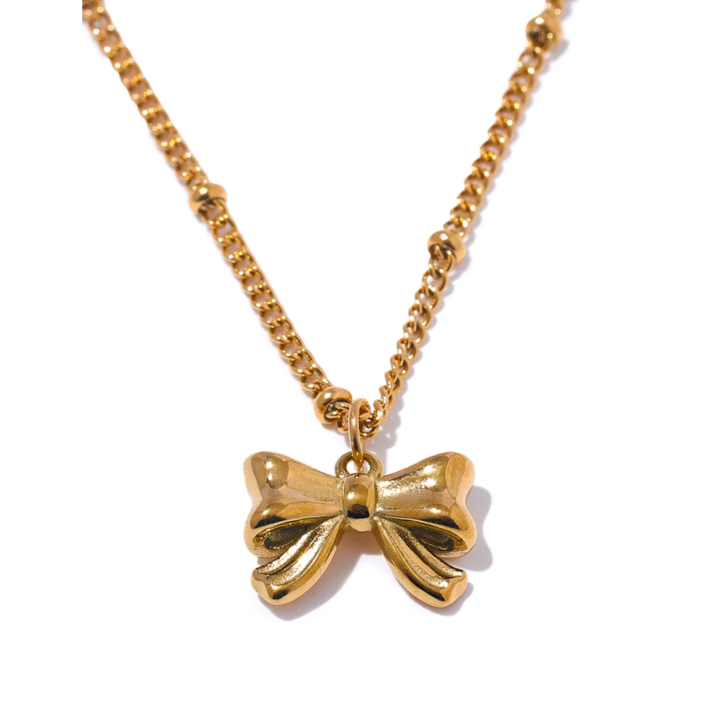 Yhpup Fashion Women's Stainless Steel Bowknot Popular Daily Necklace Pendant 18K Gold PVD Plated Elegant Jewelry Ornaments Gift