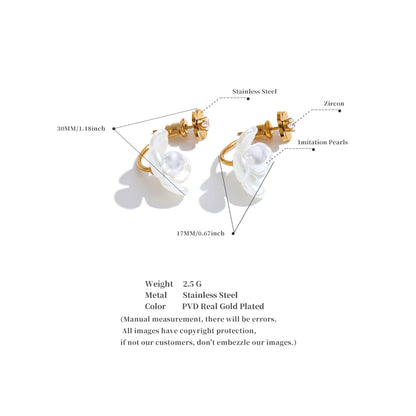 Yhpup Stainless Steel Korean Style 2024 Elegant Simulated Pearls Resin Flower Zircon Golden Stud Earrings Daily Fairy Jewelry