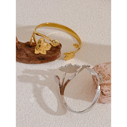Yhpup Big Stainless Steel Flower Open Fashion Cuff Bracelet Bangle Waterproof Metal Tarnish Resistant Jewelry for Women Bijoux