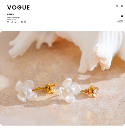 Yhpup Stainless Steel Korean Style 2024 Elegant Simulated Pearls Resin Flower Zircon Golden Stud Earrings Daily Fairy Jewelry