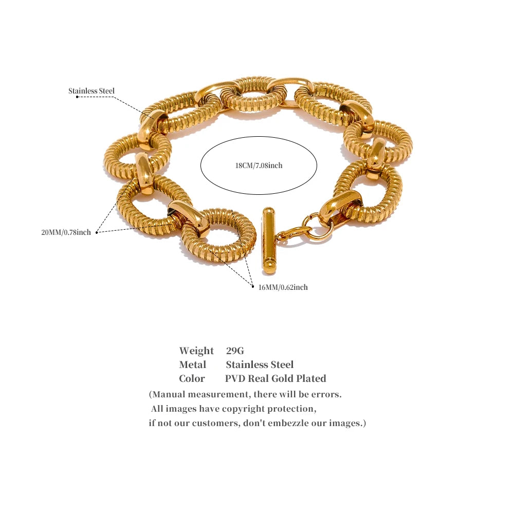 Yhpup 316L Stainless Steel Metal Texture Oval Chain Bracelet Bangle Men Women 18K PVD Plated Toggle-Clasps Statement Jewelry