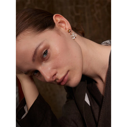 Yhpup Stainless Steel Korean Style 2024 Elegant Simulated Pearls Resin Flower Zircon Golden Stud Earrings Daily Fairy Jewelry