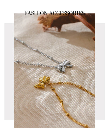 Yhpup Fashion Women's Stainless Steel Bowknot Popular Daily Necklace Pendant 18K Gold PVD Plated Elegant Jewelry Ornaments Gift