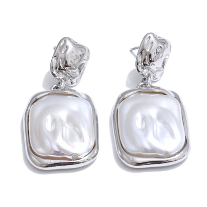 Yhpup Stainless Steel Baroque Imitation Pearls Square Drop Earrings for Women Tarnish Resistant Daily Korean Fashion Jewelry