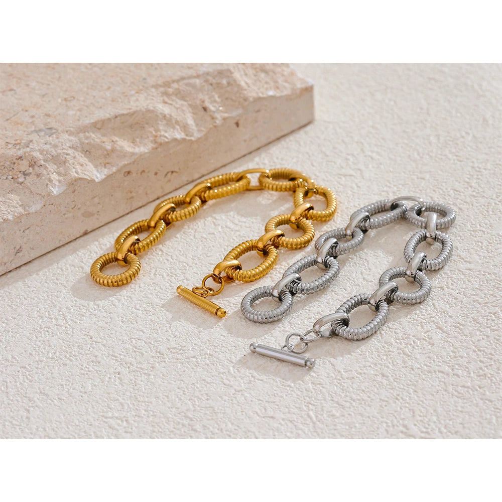 Yhpup 316L Stainless Steel Metal Texture Oval Chain Bracelet Bangle Men Women 18K PVD Plated Toggle-Clasps Statement Jewelry