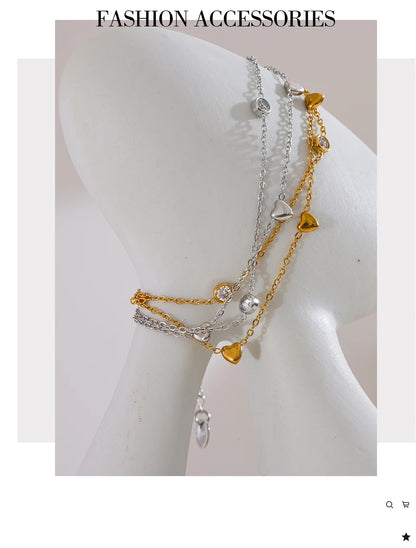 Yhpup Delicate Chain Heart Zircon Double Layer Stacking Bracelet Bangle Chic Summer 2024 Stainless Steel Waterproof Jewelry Gift