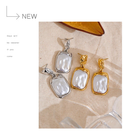 Yhpup Stainless Steel Baroque Imitation Pearls Square Drop Earrings for Women Tarnish Resistant Daily Korean Fashion Jewelry