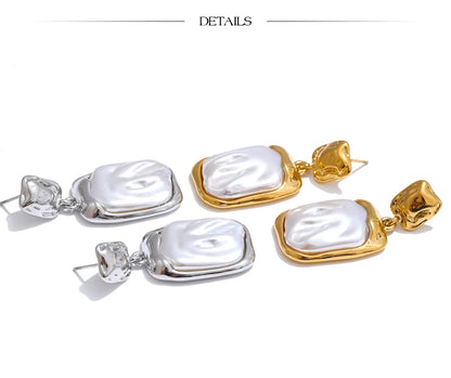 Yhpup Stainless Steel Baroque Imitation Pearls Square Drop Earrings for Women Tarnish Resistant Daily Korean Fashion Jewelry
