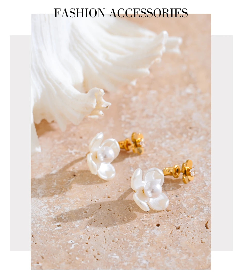 Yhpup Stainless Steel Korean Style 2024 Elegant Simulated Pearls Resin Flower Zircon Golden Stud Earrings Daily Fairy Jewelry