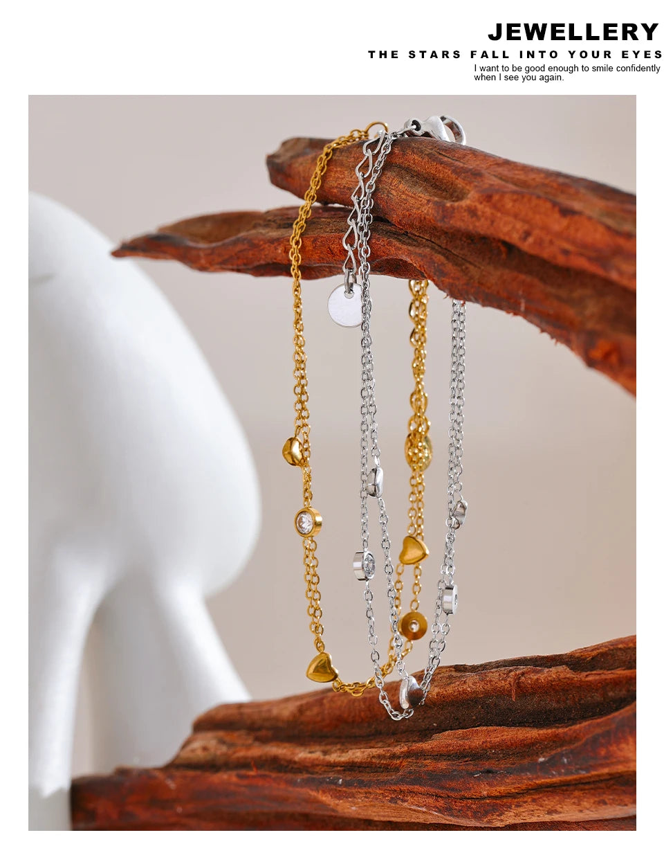 Yhpup Delicate Chain Heart Zircon Double Layer Stacking Bracelet Bangle Chic Summer 2024 Stainless Steel Waterproof Jewelry Gift