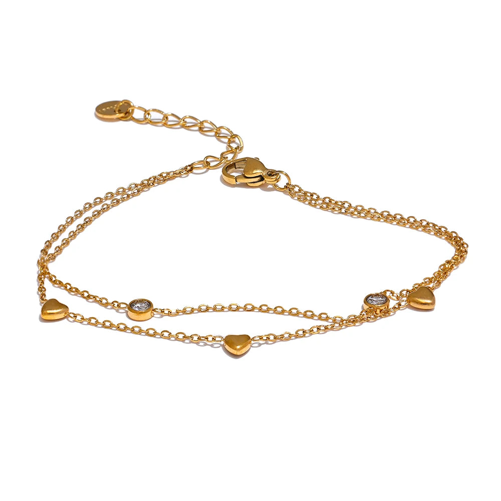 Yhpup Delicate Chain Heart Zircon Double Layer Stacking Bracelet Bangle Chic Summer 2024 Stainless Steel Waterproof Jewelry Gift