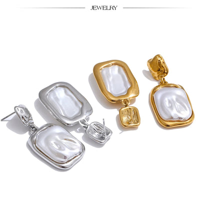 Yhpup Stainless Steel Baroque Imitation Pearls Square Drop Earrings for Women Tarnish Resistant Daily Korean Fashion Jewelry