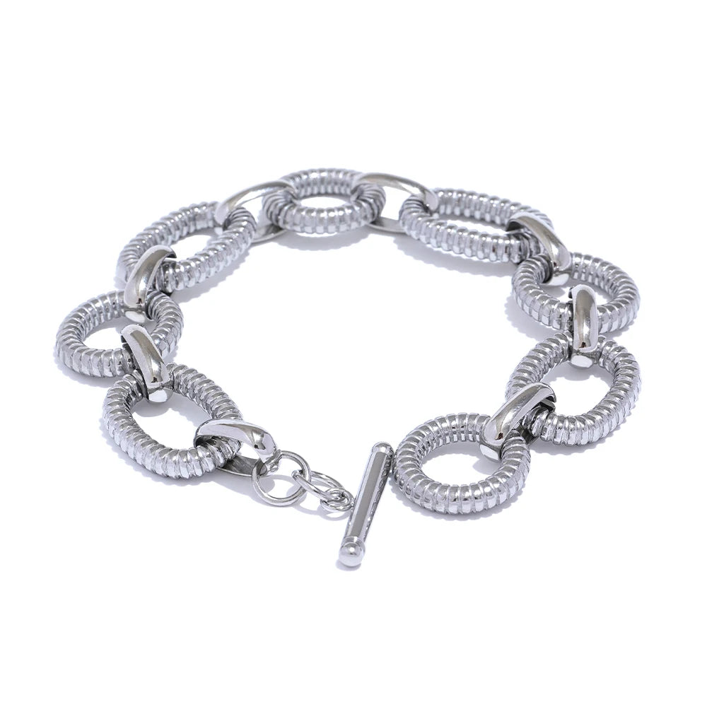 Yhpup 316L Stainless Steel Metal Texture Oval Chain Bracelet Bangle Men Women 18K PVD Plated Toggle-Clasps Statement Jewelry